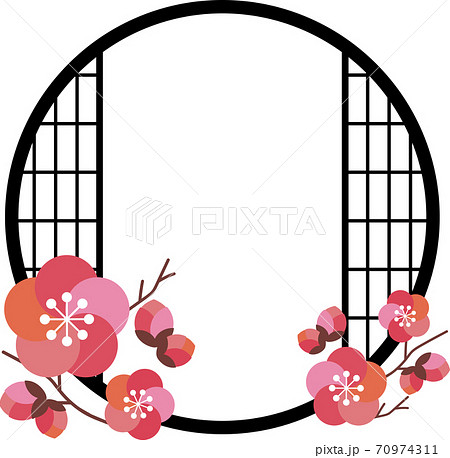 梅の花と障子丸窓フレームのイラスト素材