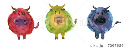 Funny cute bulls in cartoon style and in watercolor technique Funny cute bulls in cartoon style and in watercolor technique 70976844