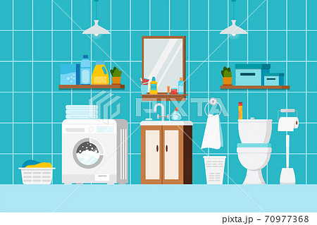 Bathroom interior with furniture, cosmetic beauty products, toilet and washing machine scene. 70977368
