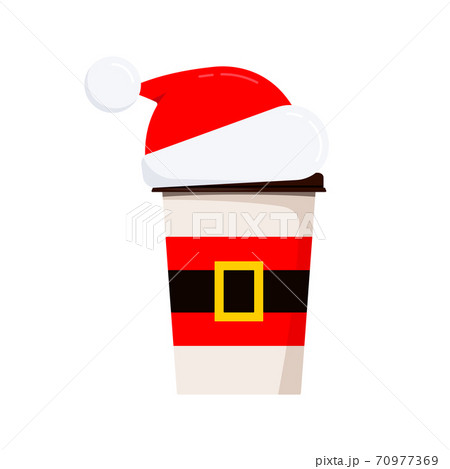 Christmas coffee or tea cup with red santa hat and gold buckle belt isolated white background. 70977369