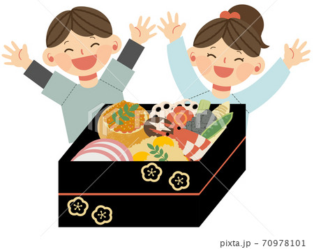 おせち料理に喜ぶ子供達のイラスト素材 おせち料理に喜ぶ子供達のイラスト素材
