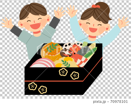 おせち料理に喜ぶ子供達のイラスト素材