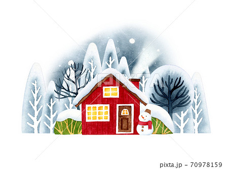 手描き水彩 | 冬の風景　赤い家　雪だるま　イラスト 70978159