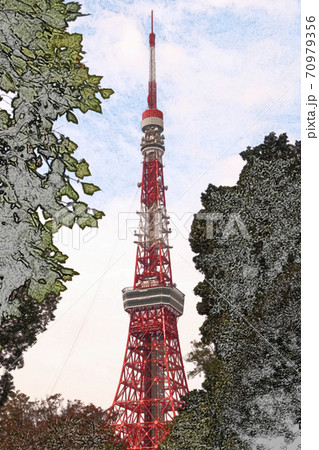 芝公園内から見上げた「東京タワー」色鉛筆画風のイラスト素材