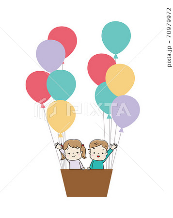 風船の気球に乗って手を振る男の子と女の子のイラスト素材