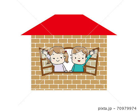 赤い屋根のおうちの窓から手をふる男の子と女の子のイラスト素材
