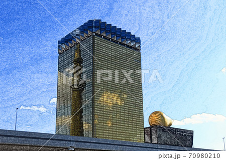 隅田川の水上バスから見上げたビルに映っている「東京スカイツリー」色鉛筆画風 70980210