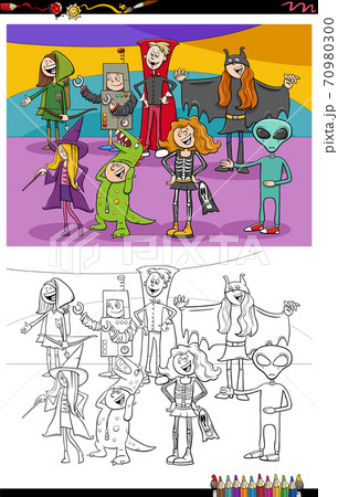 cartoon Halloween characters group coloring book page cartoon Halloween characters group coloring book page 70980300