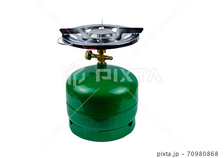 Green propane gas cylinder with burner isolated on white background 70980868