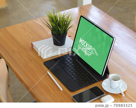 Workspace with digital tablet, smartphone, book and accessories, clipping path 70983325