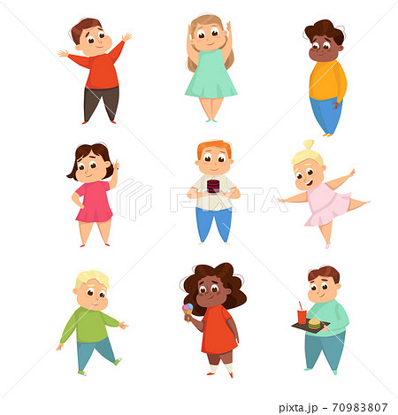 Overweight Chubby Girls and Boys, Cute Plump Kids Characters Doing Sports Exercises and Eating Fast Food Cartoon Style Vector Illustration 70983807
