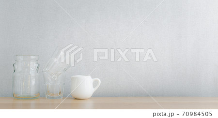 kitchenware decoration on wooden shelf with copy space 70984505