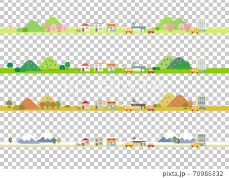 街並み 風景のラインセット 四季 春夏秋冬 のイラスト素材