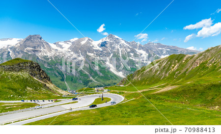 Grossglockner High Alpine Road, German: Grossglockner-Hochalpenstrasse. High mountain pass road in Austrian Alps, Austria Grossglockner High Alpine Road, German: Grossglockner-Hochalpenstrasse. High mountain pass road in Austrian Alps, Austria 70988413