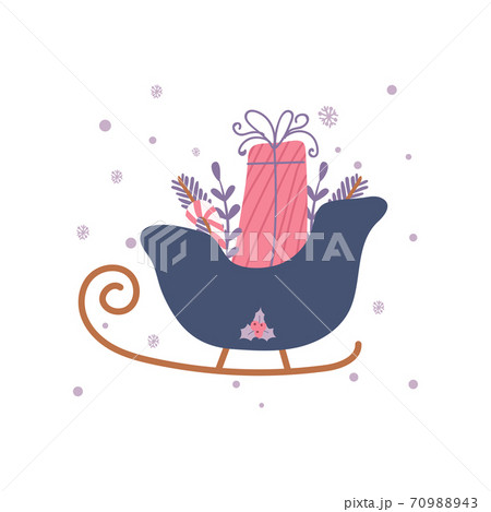 Christmas sleighs with tree branches decorations and a present isolated on white background. Christmas decorations card 70988943