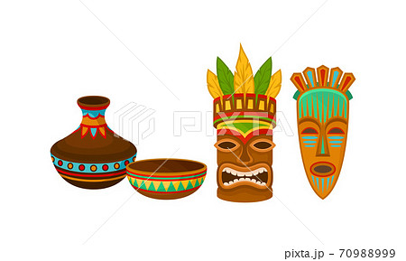 Authentic Symbols of Africa with Ornamental Mask and Pottery Vector Set 70988999