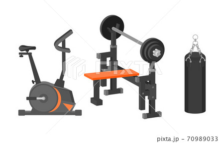 Sport Equipment with Punching Bag and Cycle Ergometer Vector Set Sport Equipment with Punching Bag and Cycle Ergometer Vector Set 70989033