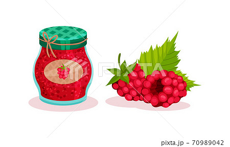 Raspberry Dessert with Jam in Glass Jar Vector Set 70989042