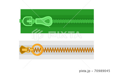 Closed Zipper or Zip Fastener with Protruding Teeth and Slider Vector Set 70989045