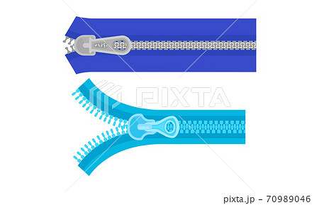 Closed Zipper or Zip Fastener with Protruding Teeth and Slider Vector Set 70989046
