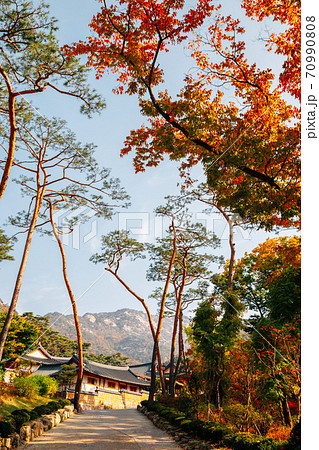 Autumn of Jingwansa Temple with Bukhansan mountain in Seoul, Korea 70990808