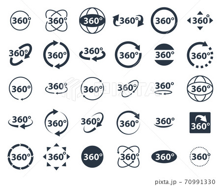360 degrees icon set. Rotate arrow, VR reality panoramic symbol. Wide degree view icons. Virtual tour or game vector sign. 70991330