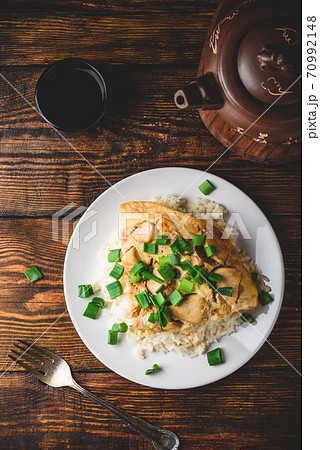 Japanese rice dish with chicken, egg, sliced scallion Japanese rice dish with chicken, egg, sliced scallion 70992148