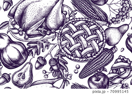 Artistic seamless pattern with pumpkin, fork, knife, pears, turkey, pumpkin pie, apple pie, corn 70995145