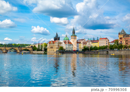 The landscape of the city of Prague view from the Vltava river on the ancient architecture of the city 70996308