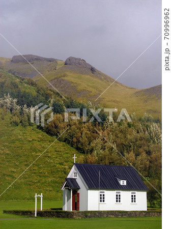 The Skogar Open Air Museum in Southern Iceland. The Skogar Museum displays the cultural heritage of Iceland including several historical buildings. A traditional Icelandic wooden church. 70996962