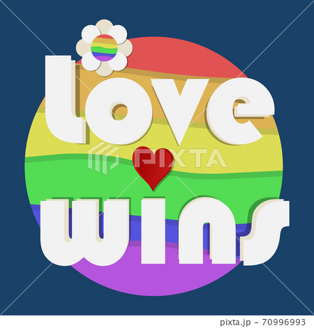 Love Wins Illustration inside lgbt flag circle with a flower on a blue background. Volumetric vector illustration 70996993