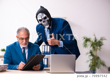 Old businessman employee getting deal with the devil Old businessman employee getting deal with the devil 70997542