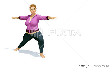 Full-figured blonde woman practicing yoga on white 70997918
