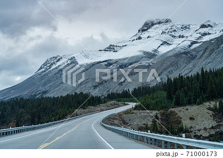Snow-capped Cirrus Mountain in late autumn season. Seen from the Icefields Parkway (Alberta Highway 93), Jasper National Park, Canada. 71000173