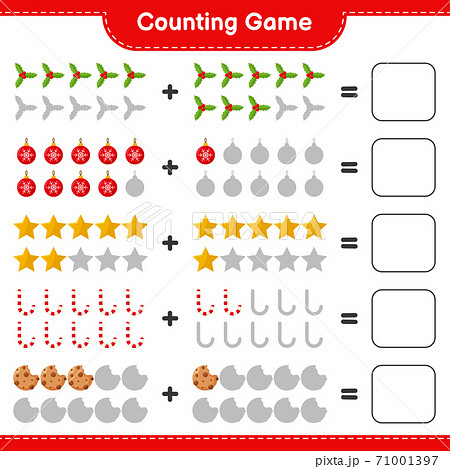 Counting game, count the number of christmas decoration and write the result. Educational children game, printable worksheet, vector illustration 71001397