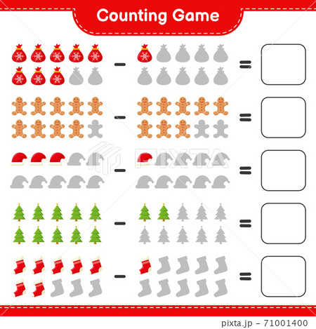 Counting game, count the number of christmas decoration and write the result. Educational children game, printable worksheet, vector illustration Counting game, count the number of christmas decoration and write the result. Educational children game, printable worksheet, vector illustration 71001400
