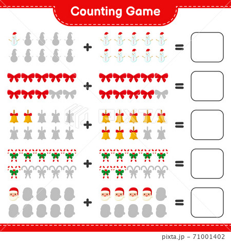 Counting game, count the number of christmas decoration and write the result. Educational children game, printable worksheet, vector illustration 71001402