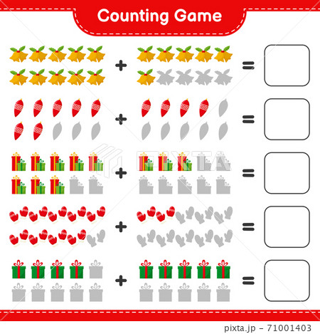 Counting game, count the number of christmas decoration and write the result. Educational children game, printable worksheet, vector illustration Counting game, count the number of christmas decoration and write the result. Educational children game, printable worksheet, vector illustration 71001403