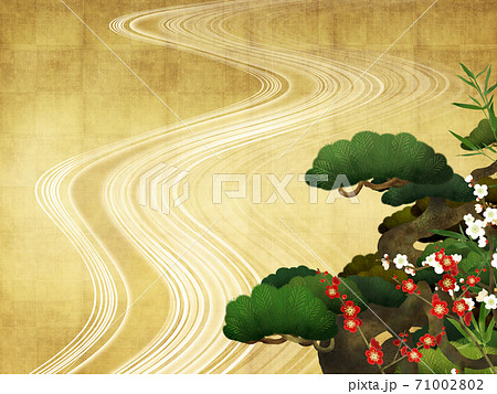 松竹梅と波の和風背景 - 複数のバリエーションがあります 71002802