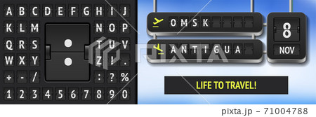 3D flip airline board template with date of flight or train. Scoreboard alphabet and vector airport departure board with destination in Omsk and Antigua. 71004788