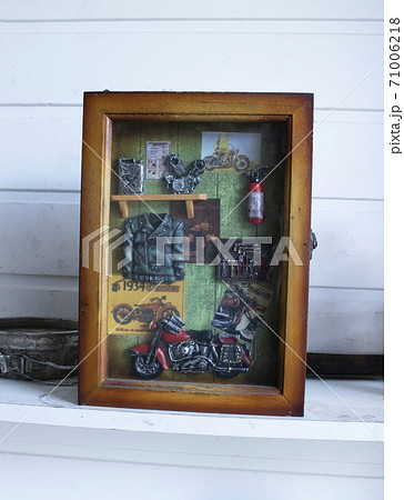Souvenir self-made frame, a gift for a motorcycle driver. The wooden frame has a toy motorcycle, gas tank and leather jacket Souvenir self-made frame, a gift for a motorcycle driver. The wooden frame has a toy motorcycle, gas tank and leather jacket 71006218