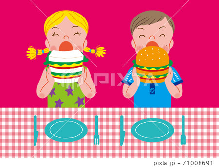 女の子と男の子がサンドイッチとハンバーガーを食べようとしているのイラスト素材