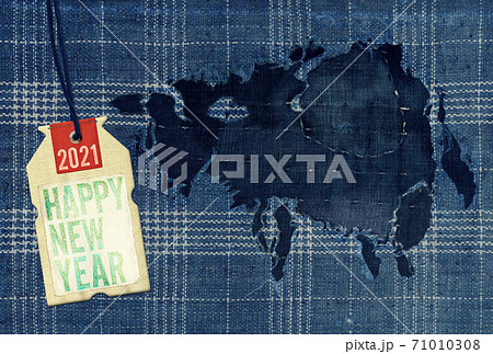 ボロ布で描く丑年イメージ、ビンテージな格子柄 71010308