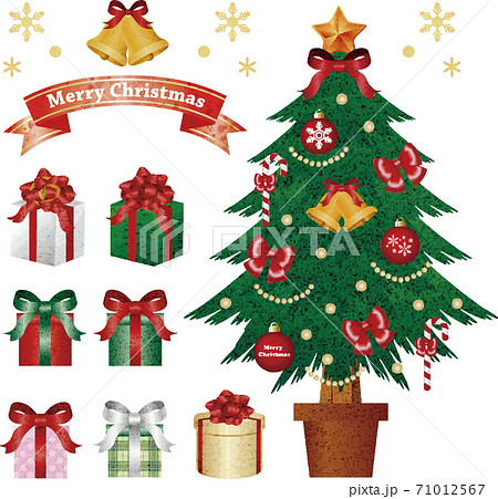 クリスマス　クリスマスツリー　プレゼント　水彩　イラスト素材セット 71012567