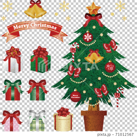 クリスマス　クリスマスツリー　プレゼント　水彩　イラスト素材セット 71012567