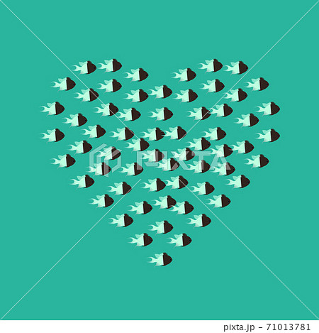 ハート型に群れるミントグリーンとチョコレート色の熱帯魚のイラスト グリーンの背景  71013781