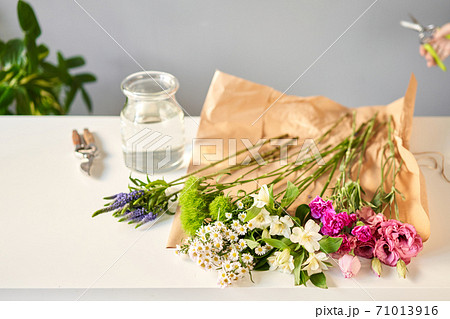 Bouquet 007, step by step installation of flowers in a vase. Flowers bunch, set for home. Fresh cut flowers for decoration home. European floral shop. Delivery fresh cut flower. 71013916