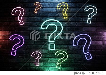 Many 3D illustrated question mark with led light on brick wall background. Many 3D illustrated question mark with led light on brick wall background. 71015859