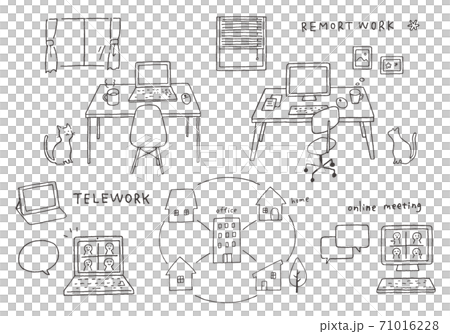 Hand-drawn illustration set for telework and online meetings (monochrome) 71016228
