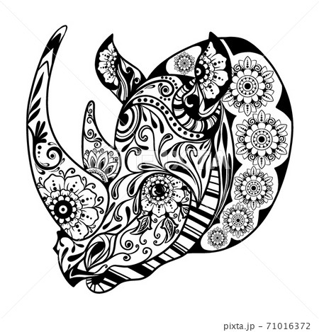 The zentangle of the one-horned rhinoceros with the floral ornament 71016372
